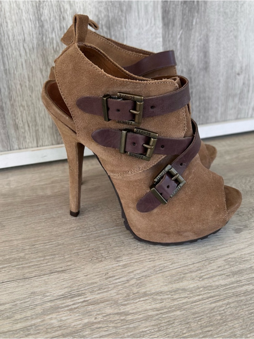 Schutz Peep Toe Stiletto Heel Bootie Womens 6  Brown Leather City Indie Grunge
